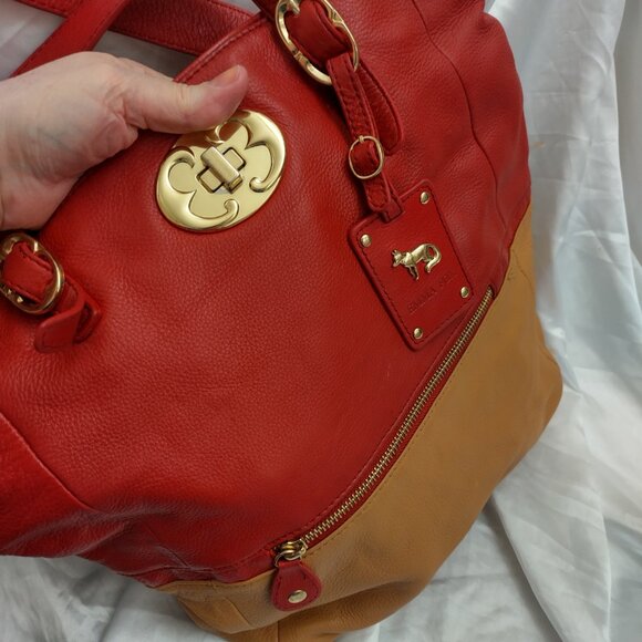 * Emma Fox Beautiful LEATHER Handbag LARGE Red Yellow Brown Huge Interior Gold - Picture 10 of 16